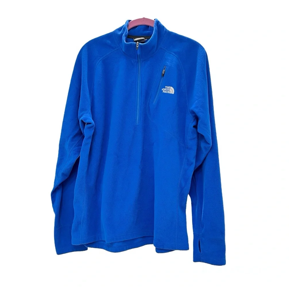 THE NORTH FACE BLUE FLEECE QUARTER ZIP PULLOVER W ZIP CHEST POCKET & THUMBHOLES
